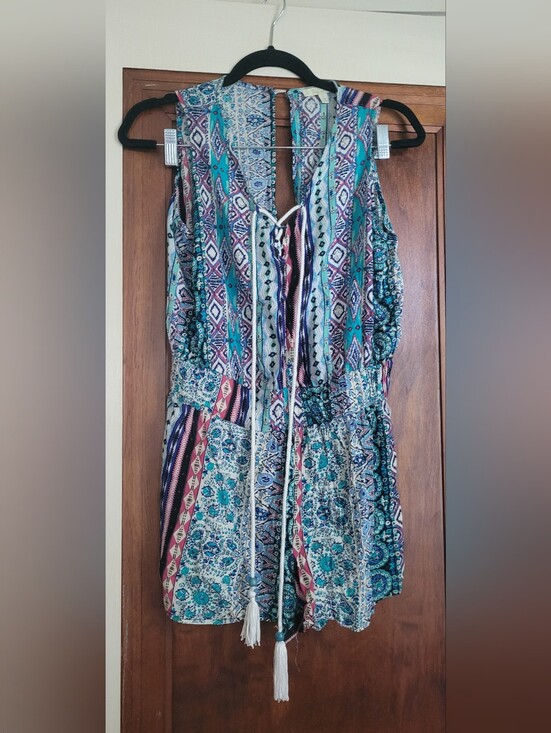 Sandiva Pants - Sleeveless Teal Multi-Print Boho Romper